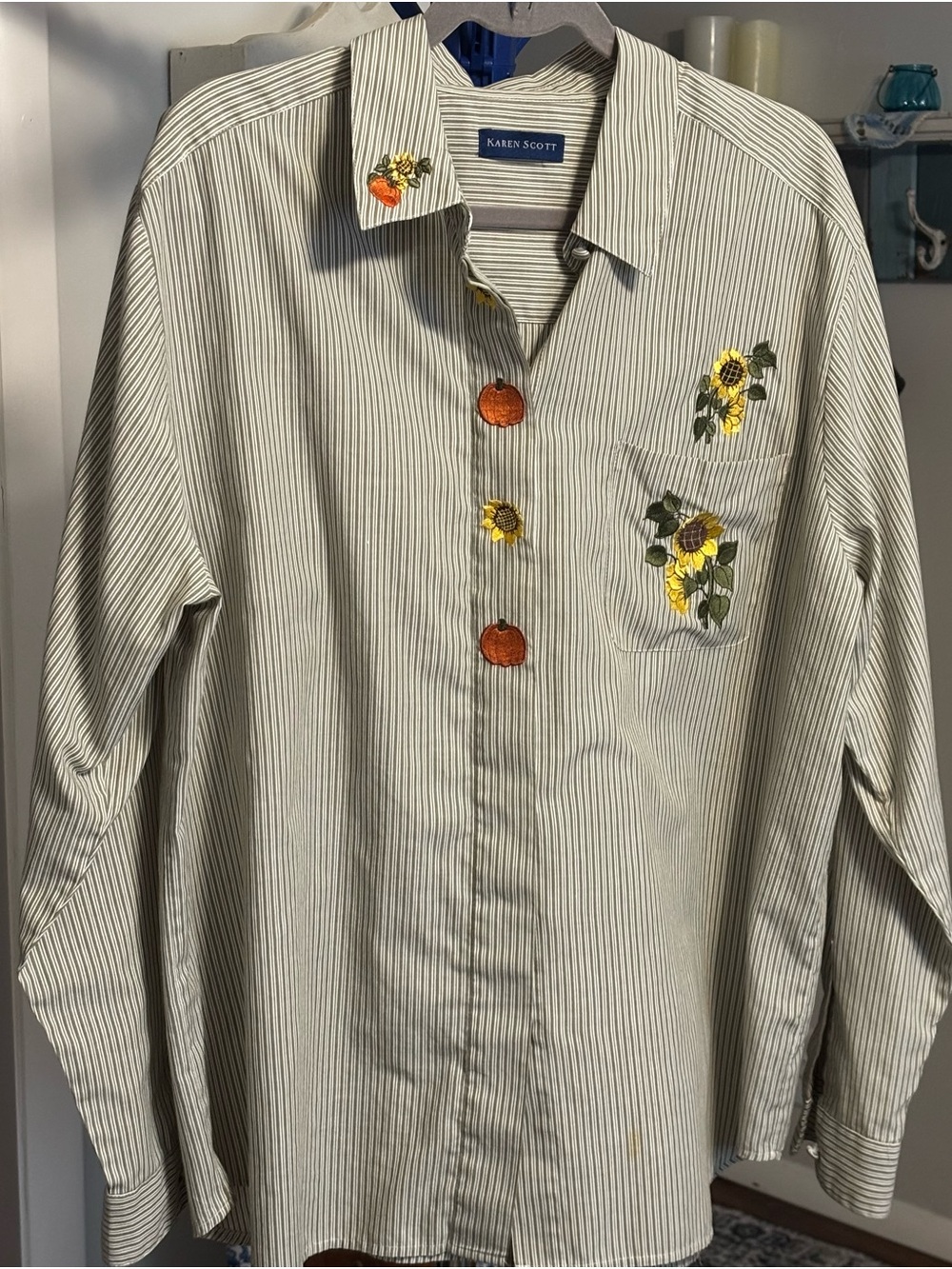 Karen Scott White and Green Striped Button-Down Shirt with Sunflower Embroidery